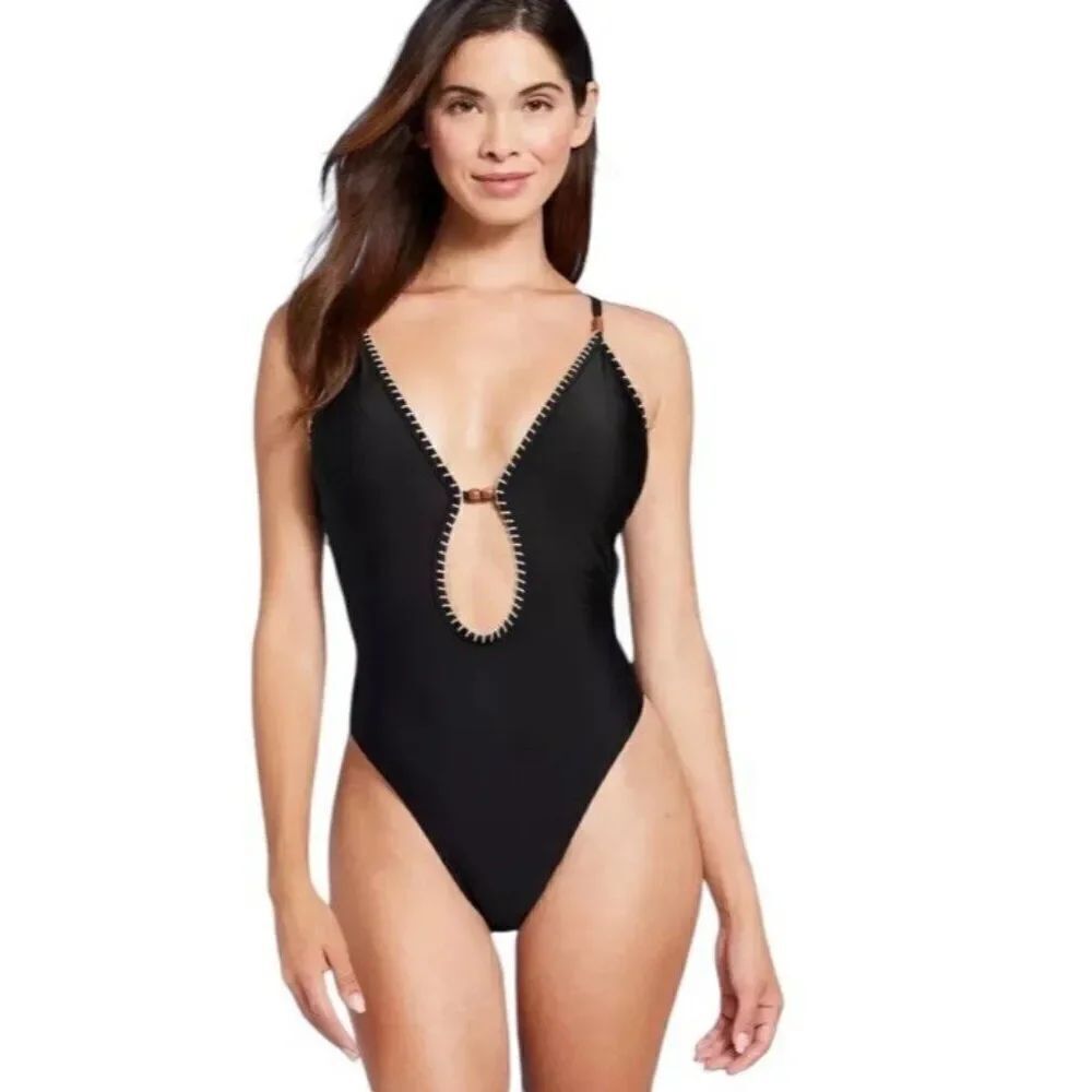 Large 12 - 14 Black Plunge High Leg One Piece Swimsuit Brown Beads Ties NWT